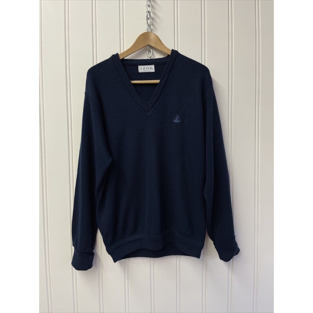 Vintage Izod Sweater Mens L  Pullover Blue V Neck Jumper Made In USA Casual‎